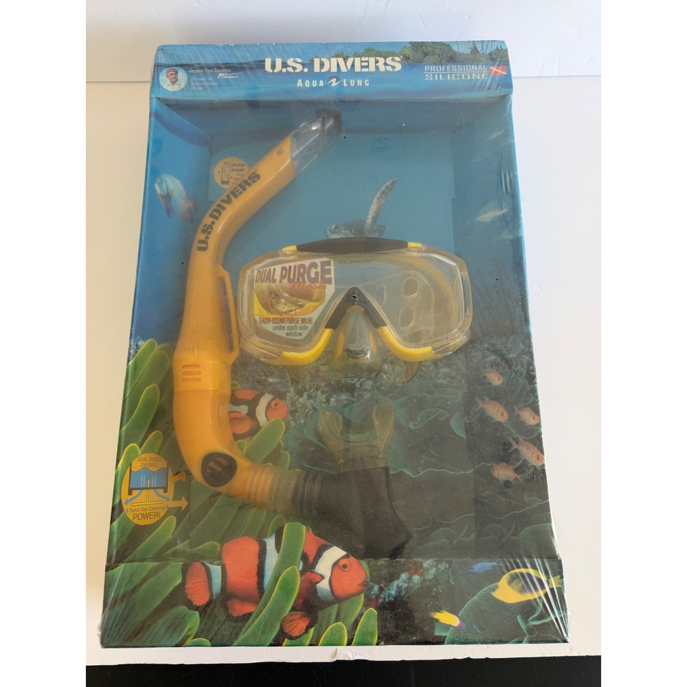 US Divers Aqua Lung Eagle Ray Mask & Doble Dry Snorkel Set Yellow Professional